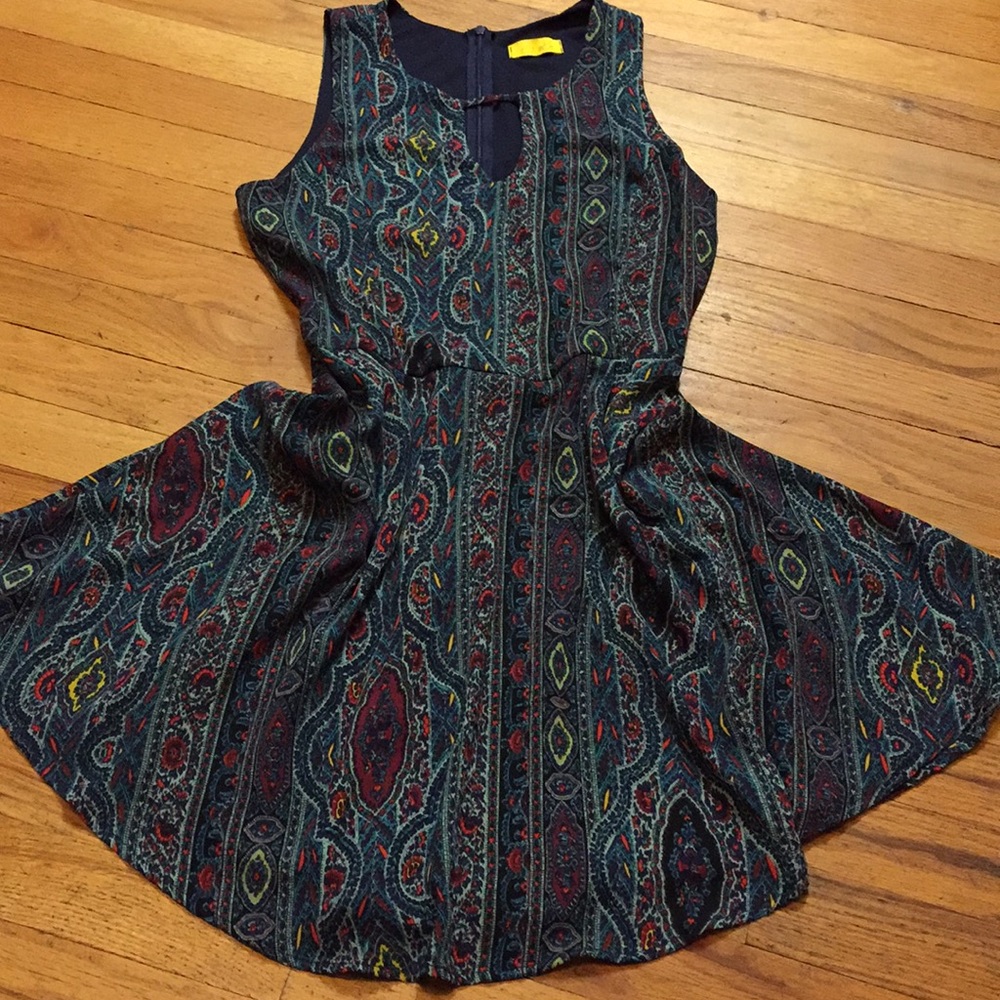 Dee Elle zipper back fit and flare teal print